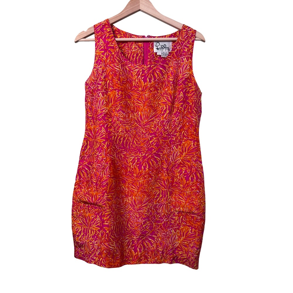 Vintage 90s Lilly Pulitzer 100% Silk Tiger Print Shift Dress Pink Orange Size 8